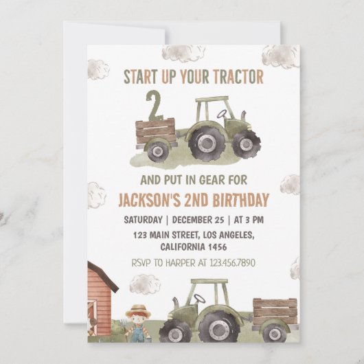ファームグリーントラクター2nd誕生日 招待状 (正面)