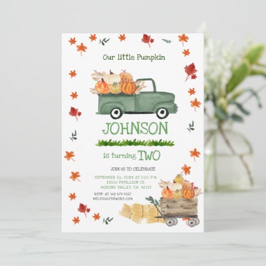 ファームグリーントラックパンプキンボーイファースト誕生日 招待状 (スタンド正面)