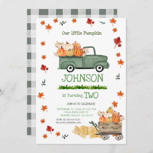 ファームグリーントラックパンプキンボーイファースト誕生日 招待状 (正面/裏面)