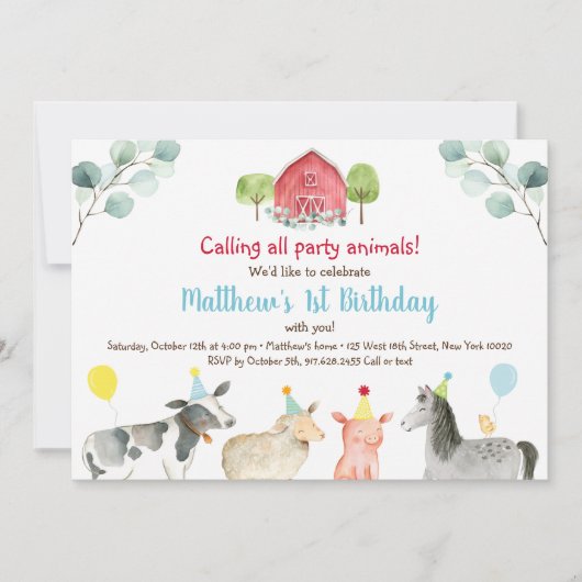 ファームグリーンリーパーティー動物誕生日 招待状 (正面)