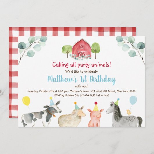 ファームグリーンリーパーティー動物誕生日 招待状 (正面/裏面)