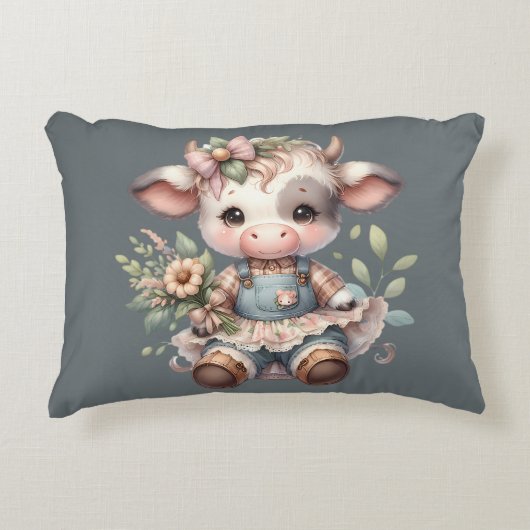 ファームコアかわいい子牛のビンテージフラワープリントドレス アクセントクッション (正面)