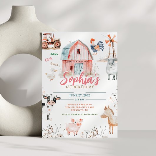 ファームタスティック納屋周囲の庭動物子供の誕生日 招待状