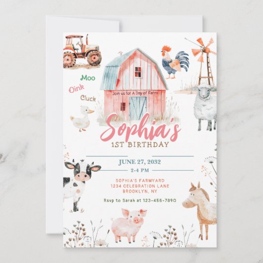 ファームタスティック納屋周囲の庭動物子供の誕生日 招待状 (正面)