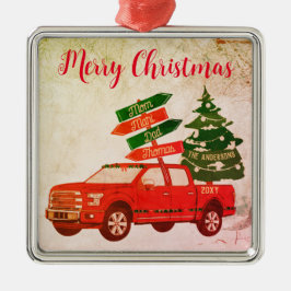 ファームツリーレッドトラックファミリー名ヴィンテージクリスマス メタルオーナメント