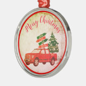 ファームツリーレッドトラックファミリー名ヴィンテージクリスマス メタルオーナメント (左)