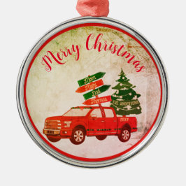 ファームツリーレッドトラックファミリー名ヴィンテージクリスマス メタルオーナメント