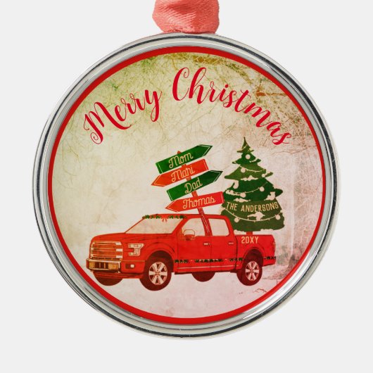 ファームツリーレッドトラックファミリー名ヴィンテージクリスマス メタルオーナメント (正面)