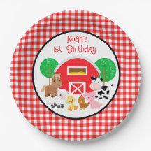 ファームテーマの赤いギンガムチェックの誕生日紙皿