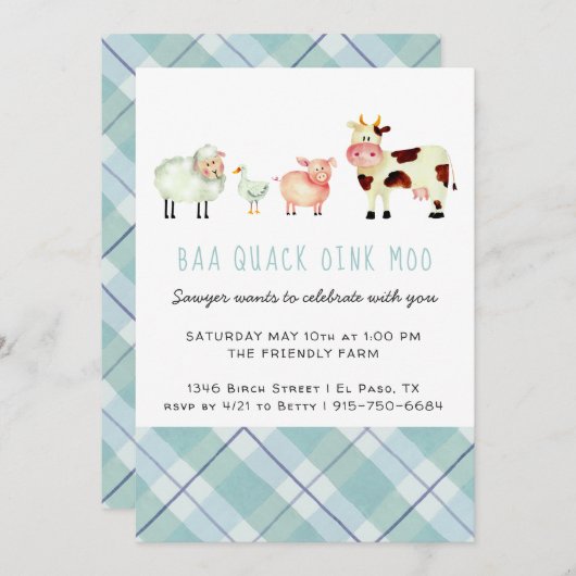 ファームテーマ誕生日パーティーの招待 招待状 (正面/裏面)