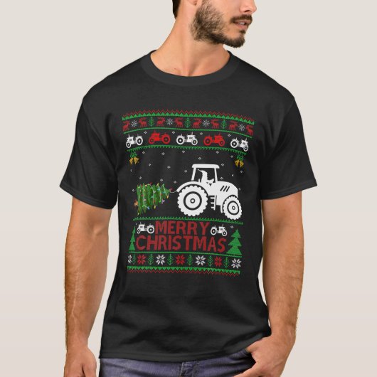 ファームトラクタークリスマスツリーライトサンタ農家醜いCh Tシャツ (正面)
