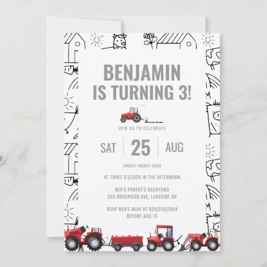 ファームトラクターテーマ誕生日招待状 招待状 (正面)