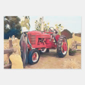 ファームトラクターレッドレトロヴィンテージ素朴秋ハーベスト ラッピングペーパーシート (正面3)