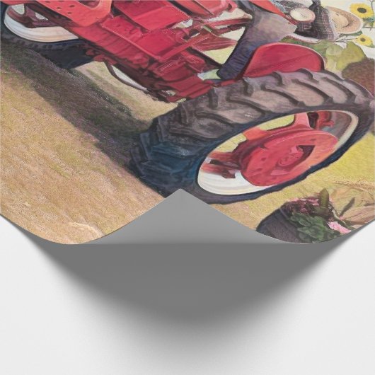 ファームトラクターレッドレトロヴィンテージ素朴秋ハーベスト ラッピングペーパー (角)