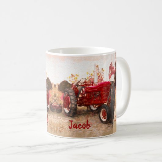 ファームトラクターレッドヴィンテージ素朴秋の収穫 コーヒーマグカップ (正面右)