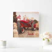 ファームトラクターレッドヴィンテージ素朴秋の収穫 スクエア壁時計 (ホーム)