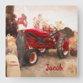 ファームトラクターレッドヴィンテージ素朴秋の収穫 スクエア壁時計 (正面)