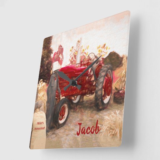 ファームトラクターレッドヴィンテージ素朴秋の収穫 スクエア壁時計 (傾斜)