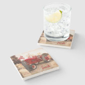 ファームトラクターレッドヴィンテージ素朴秋の収穫 ストーンコースター (横)