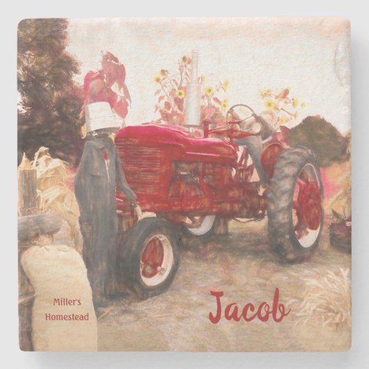 ファームトラクターレッドヴィンテージ素朴秋の収穫 ストーンコースター (正面)
