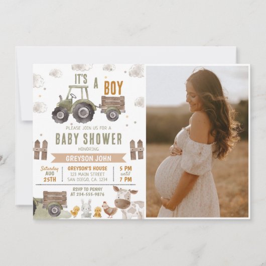 ファームトラクター男の子の赤ちゃんシャワー写真 招待状 (正面)