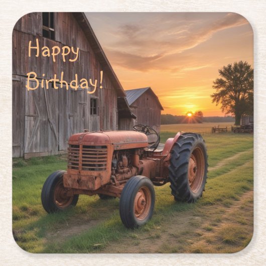 ファームトラクター誕生日 スクエアペーパーコースター (正面)