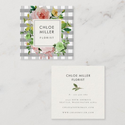 ファームハウスかわいらしコテージバッファローチェックバラフローラ スクエア名刺 (正面/裏面)