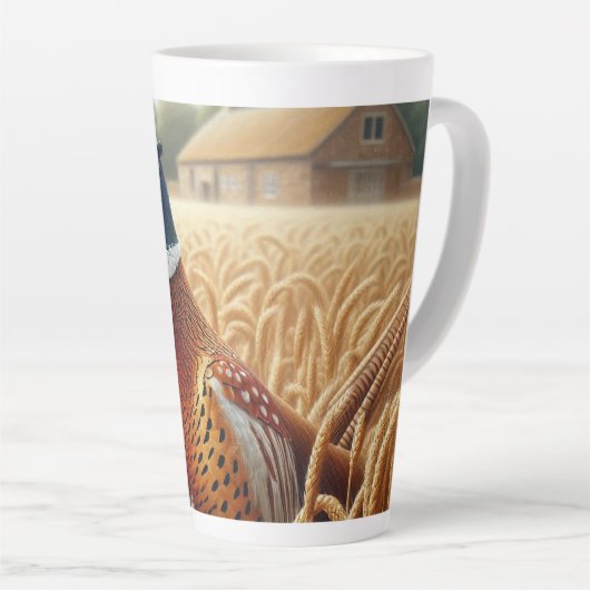 ファームハウスとゴールデンウィートフィールドにキジ カフェラテマグ (右アングル)