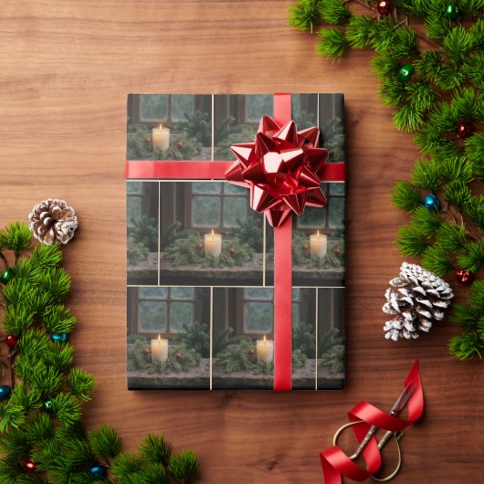 ファームハウスの窓にクリスマスキャンドル ラッピングペーパー (クリスマスギフト)