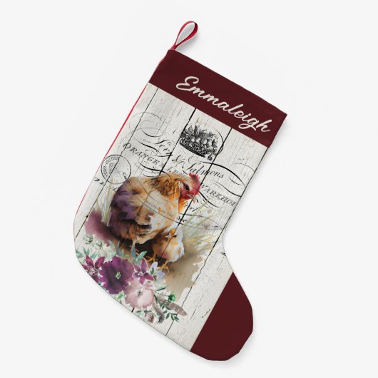 ファームハウスの花飾りが施されたレグホン鶏 スモールクリスマスストッキング (正面 (吊り時))