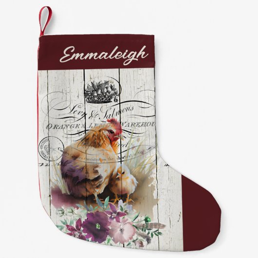 ファームハウスの花飾りが施されたレグホン鶏 スモールクリスマスストッキング (正面)
