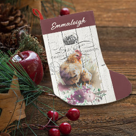 ファームハウスの花飾りが施されたレグホン鶏 スモールクリスマスストッキング