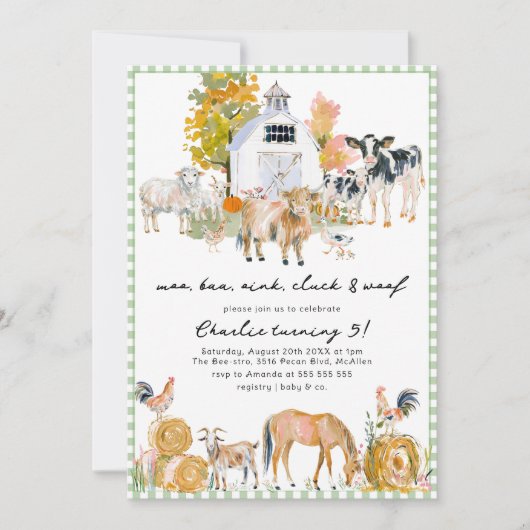ファームハウスアニマルズファームテーマバースデーパーティー 招待状 (正面)