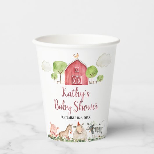 ファームハウスアニマルズ納屋周囲の庭グリーンリーホワイト紙 紙コップ (正面)