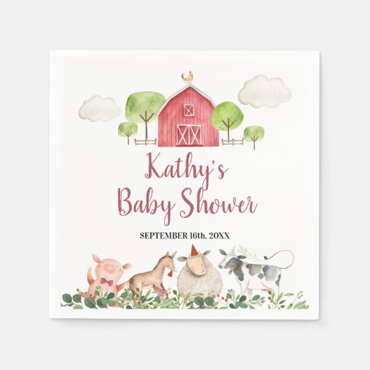 ファームハウスアニマルズ納屋周囲の庭グリーンリー スタンダードカクテルナプキン (正面)