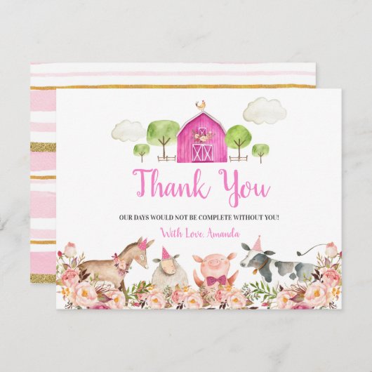 ファームハウスアニマルズ納屋周囲の庭1st誕生日ありがとう サンキューカード (正面/裏面)