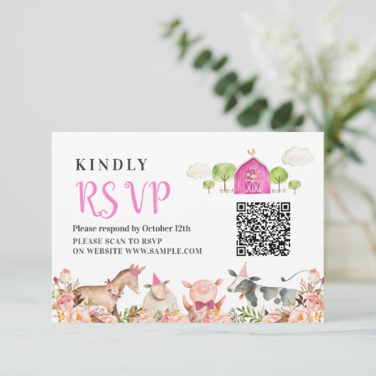 ファームハウスアニマルズ納屋周囲の庭1st誕生日Rsvpカード サンキューカード (スタンド正面)