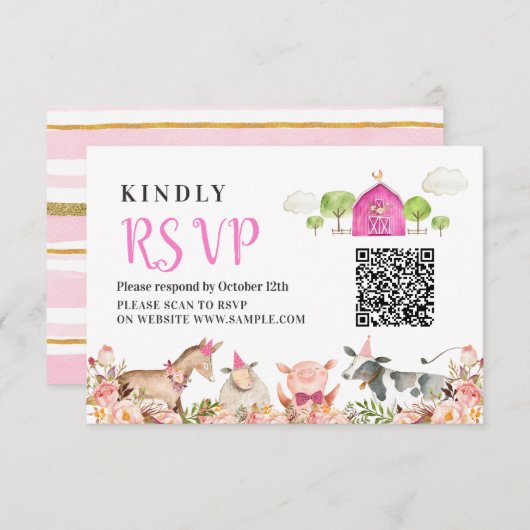 ファームハウスアニマルズ納屋周囲の庭1st誕生日Rsvpカード サンキューカード (正面/裏面)