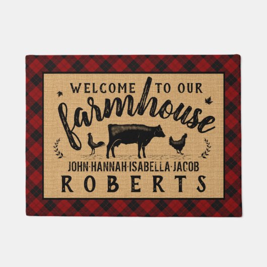 ファームハウスウェルカムレッドバッファローチェックプライド牛 ドアマット (正面)