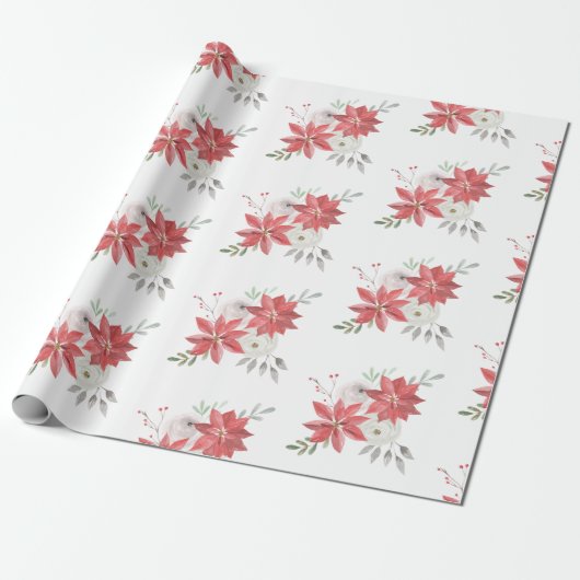 ファームハウスウォーターカラーポインセティアスベリー&バラ ラッピングペーパー (アンロールド)