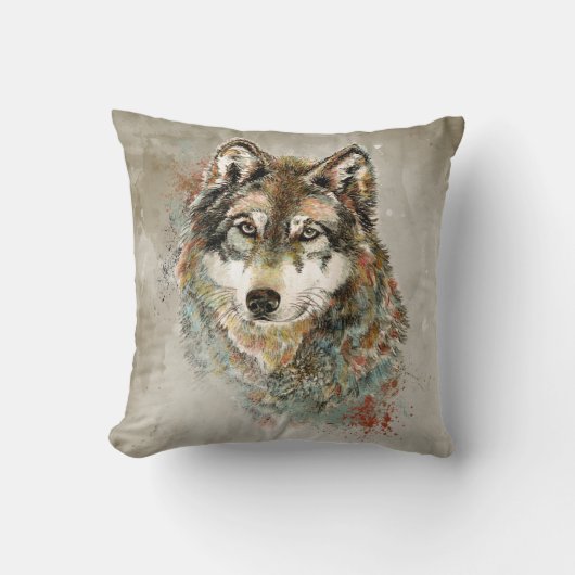 ファームハウスウルフアニマル自然ウォールアートプリント クッション (正面)