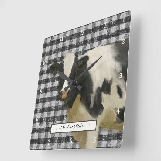 ファームハウスカウブラックnホワイトギンガムキッ素朴チン スクエア壁時計 (傾斜)
