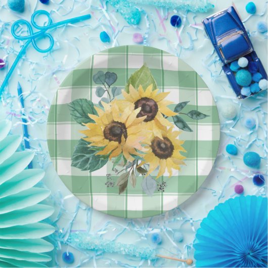 ファームハウスカントリーサンフラワーグリーンチェック ペーパープレート (パーティー)