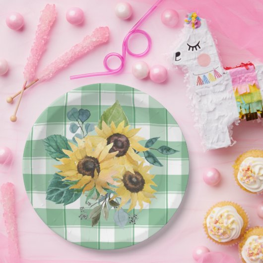 ファームハウスカントリーサンフラワーグリーンチェック ペーパープレート (パーティー)