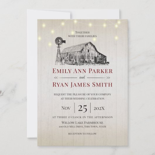 ファームハウスカントリーバーンスケッチとストリングライト 招待状 (正面)