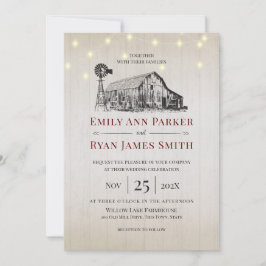 ファームハウスカントリーバーンスケッチとストリングライト 招待状