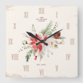 ファームハウスクリスマスウィンターポインセチア素朴 スクエア壁時計 (正面)