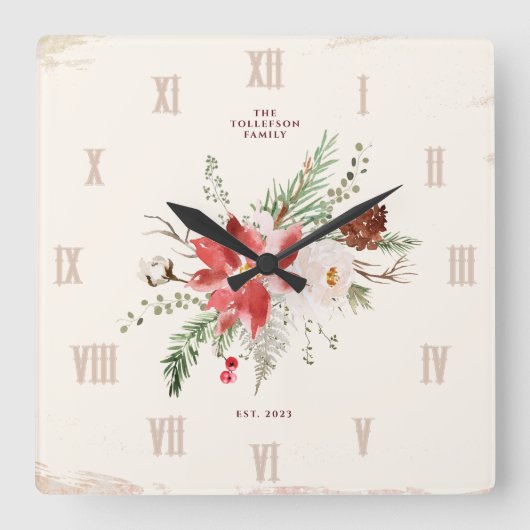ファームハウスクリスマスウィンターポインセチア素朴 スクエア壁時計 (正面)
