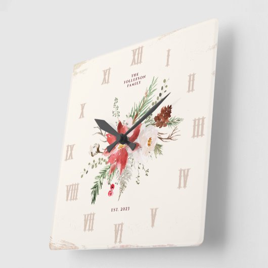 ファームハウスクリスマスウィンターポインセチア素朴 スクエア壁時計 (傾斜)