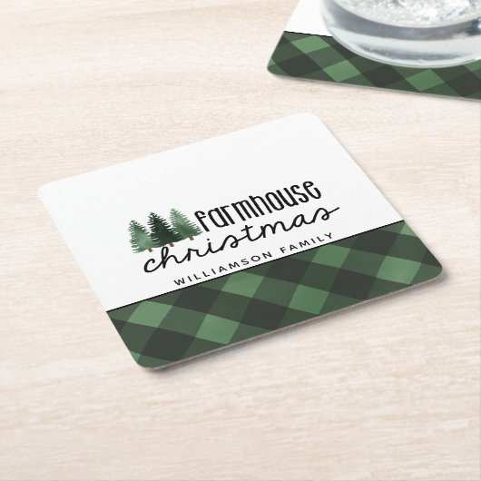 ファームハウスクリスマスグリーン格子状の家族の名前ビーバー スクエアペーパーコースター (アングル)